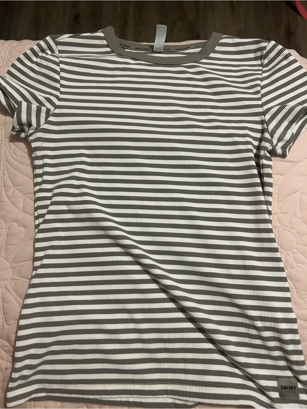DKNY Short Sleeve Ribbed Crewneck Tee in White and Taupe Stripes